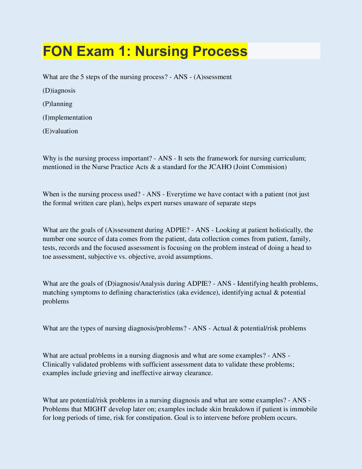 Preview image for FON Exam 1: Nursing Process  | 35 Questions with 100% Correct Answers | Updated & Verified